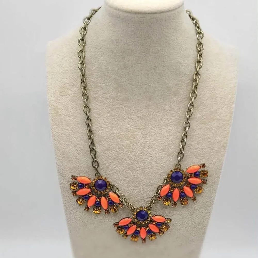 J Crew Boho Orange Black Crystal Antique Brass Finish Chain Statement Necklace
